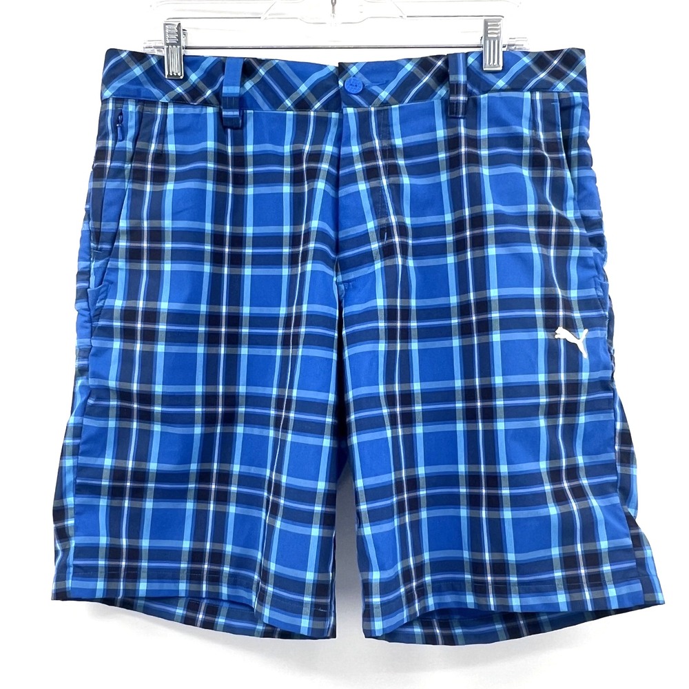 PUMA Men's Sz 34 Blue Plaid Performance 10" Golf Shorts Stretch Embroidered Logo